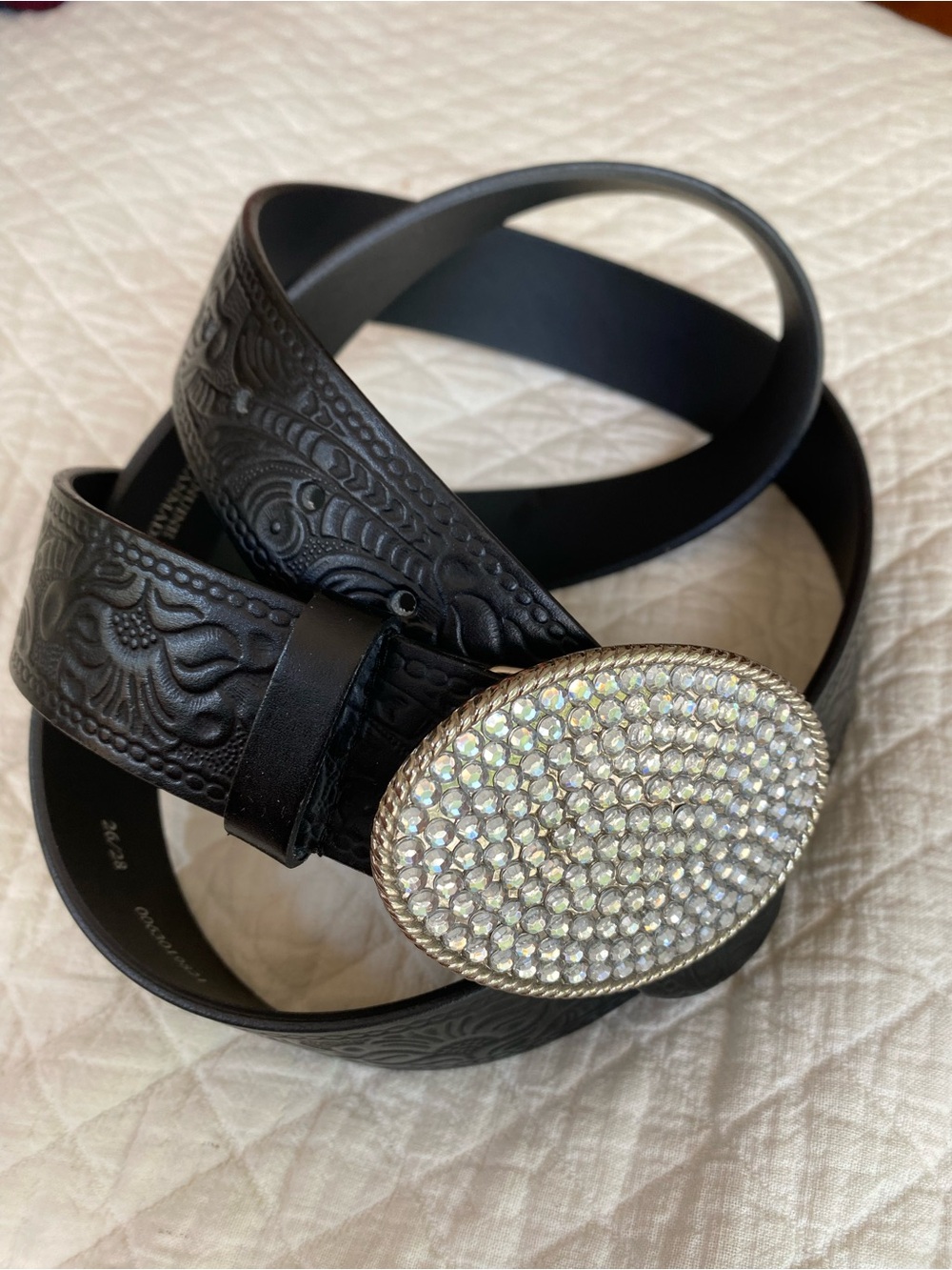 Lane Bryant Western Festival Black Tooled Leather Belt Rhinestone Buckle 26/28